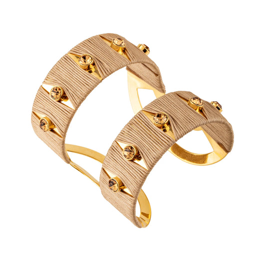 Pulseira Bracelete Duplo com Macramê e Cravejado Dourado