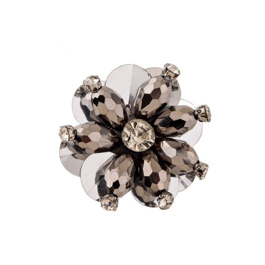 Broche Flor Pétalas Pedraria Cinza