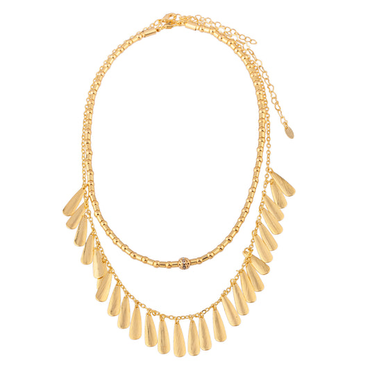 Colar Duplo Choker Canutilhos e Esferas com Corrente Gotas Escovadas Dourado