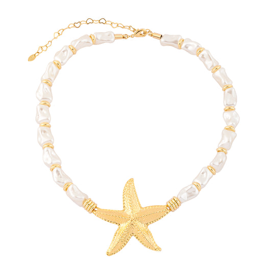 Colar Pérolas com Pingente Estrela do Mar Dourado