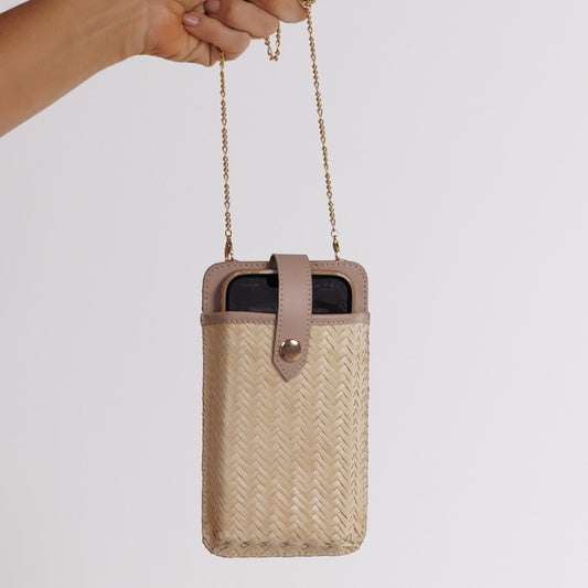 Bolsa Porta Celular Palha e Nude Dourado