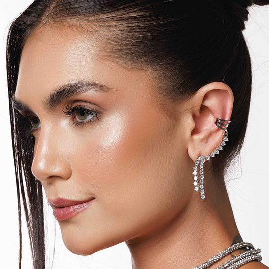 Brinco Ear Cuff Riviera Cristal com Piercing Liso Prateado